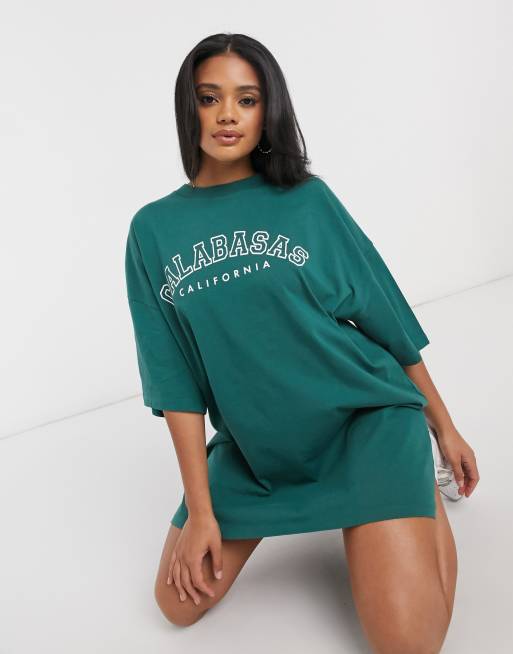 ASOS DESIGN oversized T shirt dress with Calabasas print in sage green ASOS