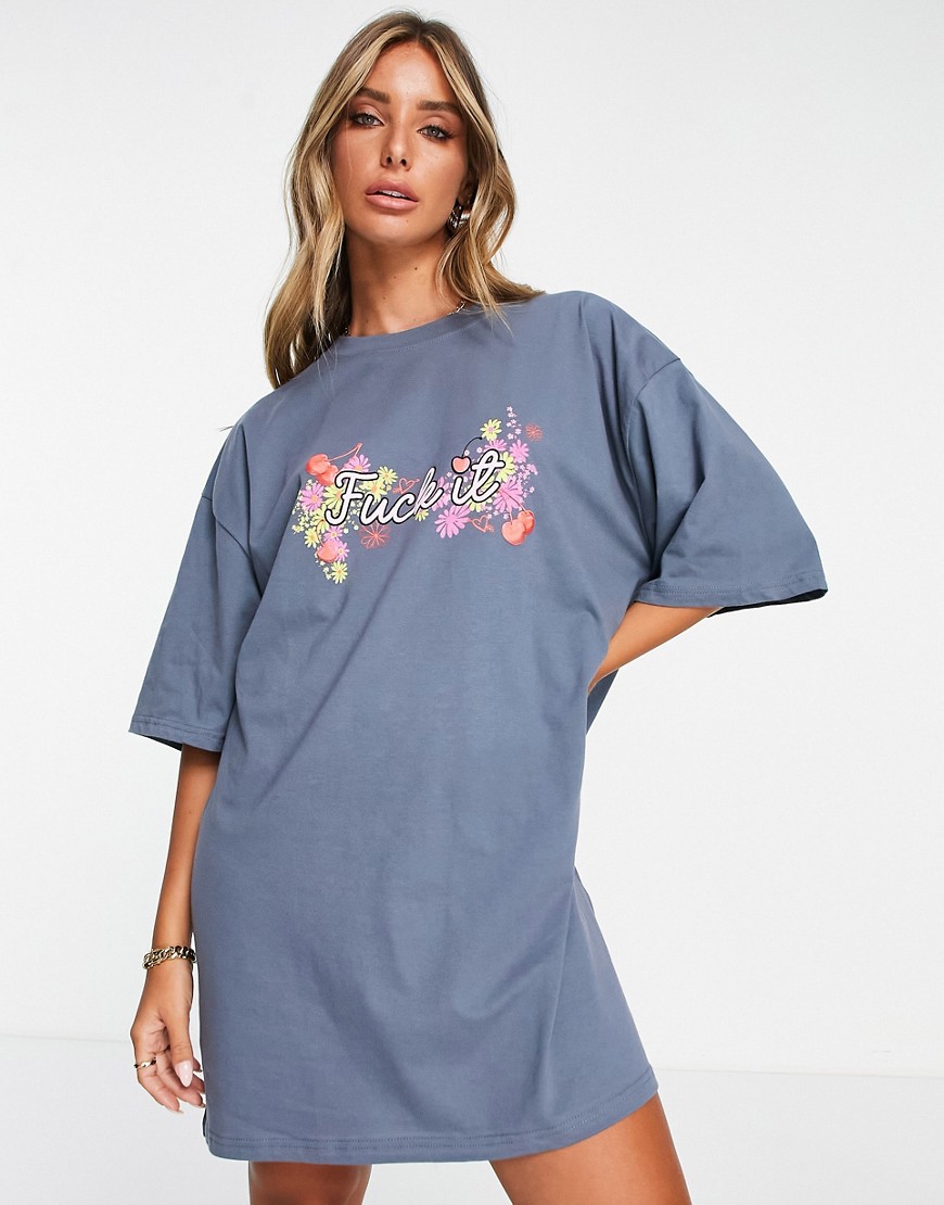 ASOS DESIGN oversized t-shirt dress with f*k it logo in charcoal-Gray