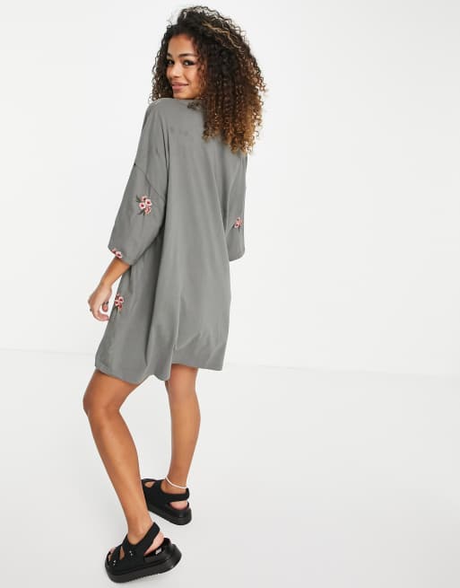 ASOS DESIGN oversized t-shirt dress with floral embroidery all over design  in gray | ASOS