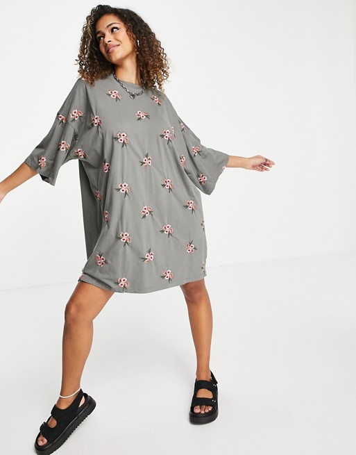 ASOS DESIGN oversized t-shirt dress with floral embroidery all over design in grey