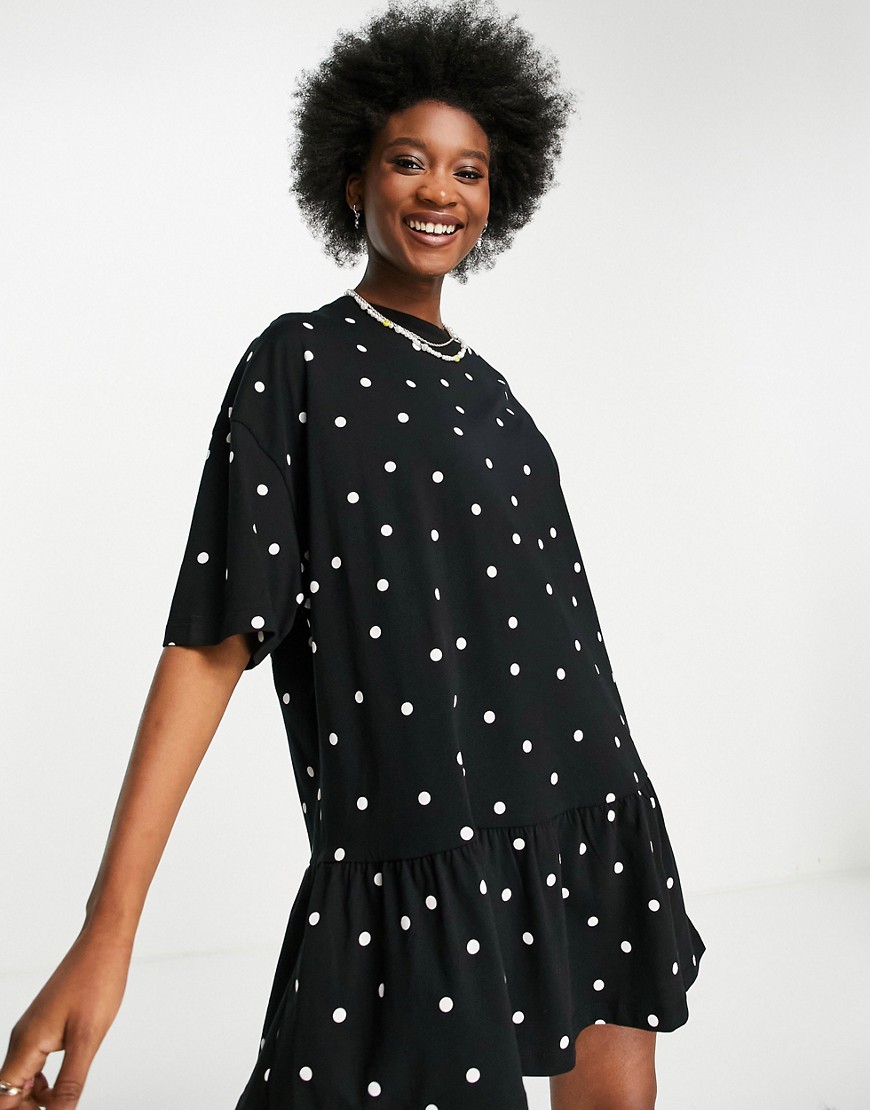 ASOS DESIGN oversized t-shirt dress with frill hem in mono spot-Black