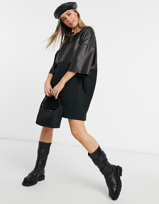ASOS DESIGN oversized t-shirt dress with half leather look in black