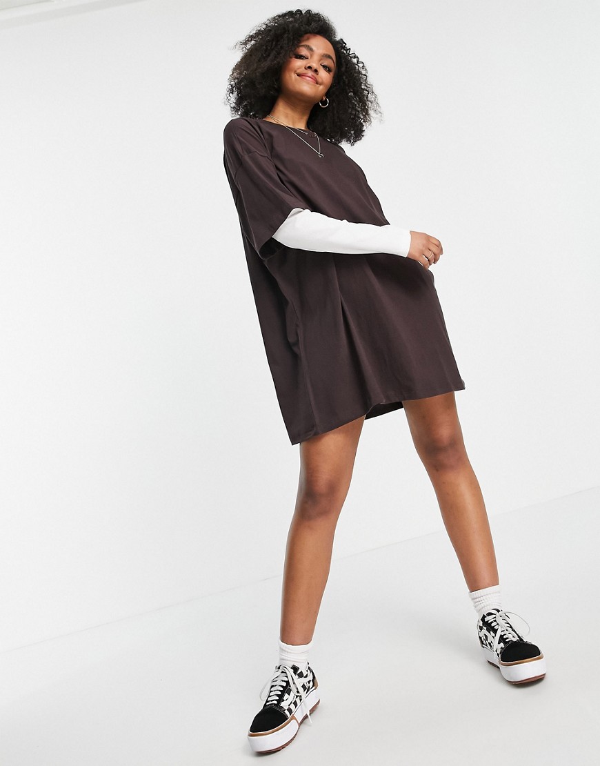 ASOS DESIGN oversized T-shirt dress with long sleeve double layer in brown and cream