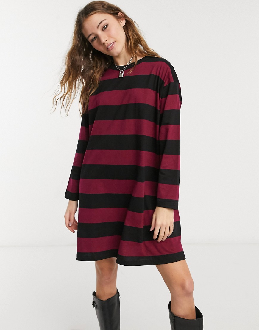 ASOS DESIGN oversized t-shirt dress with long sleeve in black and merlot stripe-Red