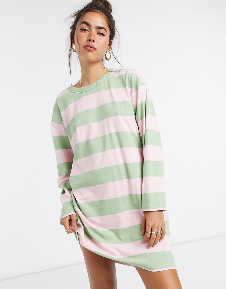 ASOS DESIGN oversized t-shirt dress with long sleeve in pink and sage stripe