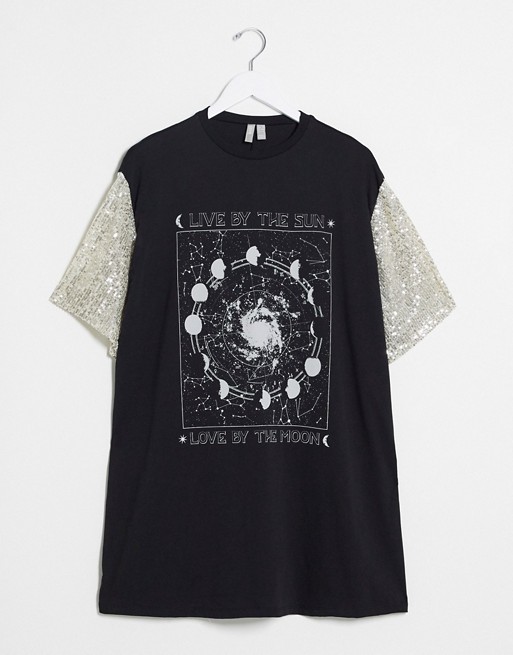 ASOS DESIGN oversized t-shirt dress with sequin sleeve and front print in black