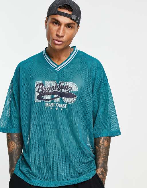 ASOS DESIGN - Oversized T-shirt i blå mesh med Brooklyn-byprint