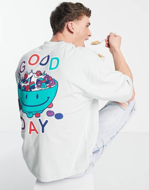 ASOS DESIGN - Oversized T-shirt i bleg lysegrøn med morgenmadsprint på ryggen