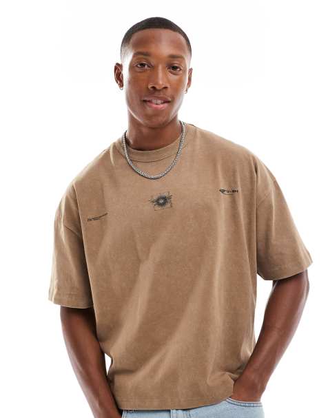 ASOS DESIGN - Oversized T-shirt i brun vask med firkantet pasform og print foran og bagpå - view 1