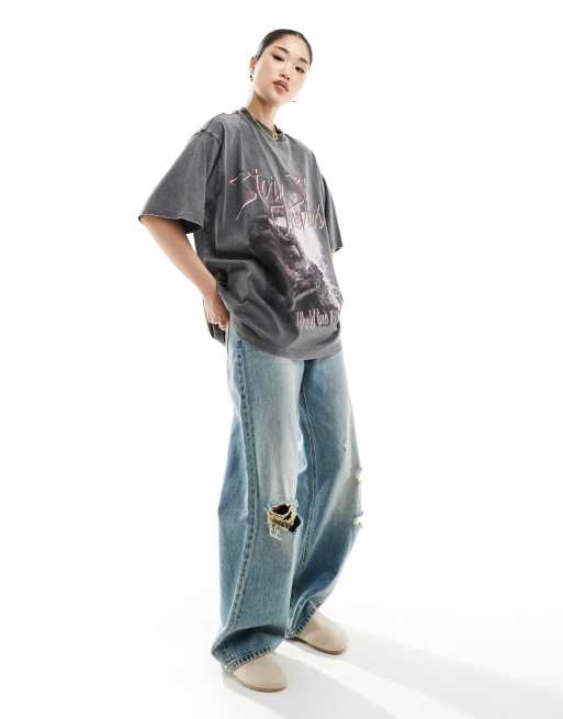 ASOS DESIGN - Oversized T-shirt i forvasket koksgrå med grafisk rock-print, 3 af 4