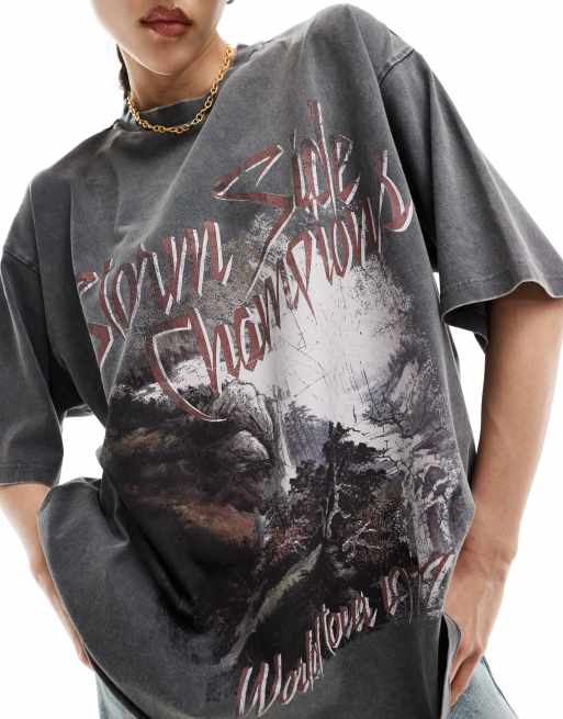 ASOS DESIGN - Oversized T-shirt i forvasket koksgrå med grafisk rock-print, 4 af 4