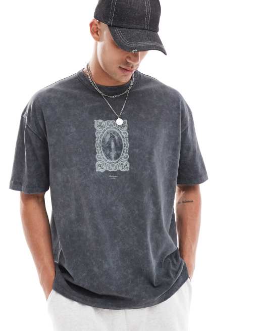 ASOS DESIGN - Oversized T-shirt i forvasket sort med gotisk brystprint