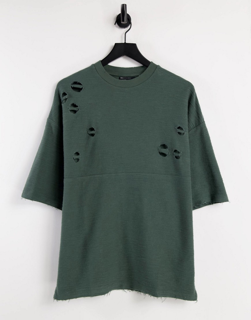 ASOS DESIGN - Oversized T-shirt i kakifarvet vask med slitage-Grøn