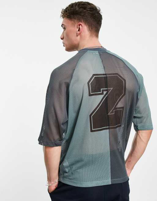 ASOS DESIGN - Oversized T-shirt i mesh med farveblok og print på ryggen i blå