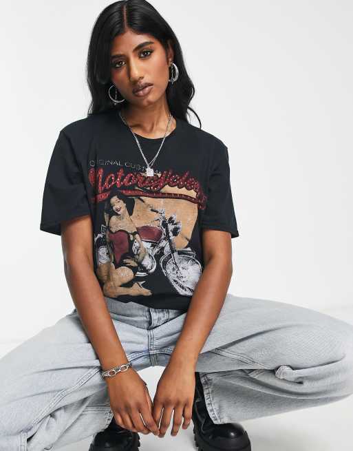ASOS DESIGN - Oversized T-shirt i sort vask med motorcycle hot fix-grafik