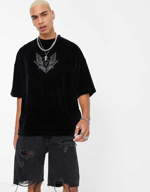 ASOS DESIGN - Oversized T-shirt i sort velour med nittegrafik