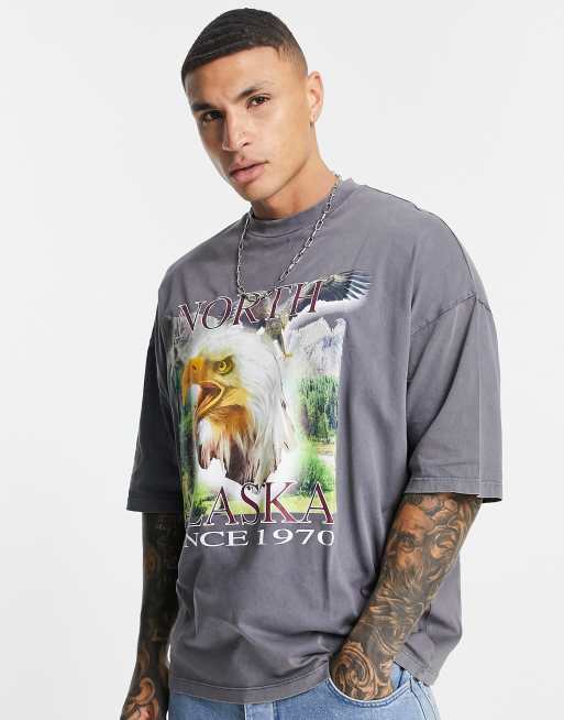 ASOS DESIGN - Oversized T-shirt i vasket grå bomuldsblanding med vintage ørneprint - CHARCOAL