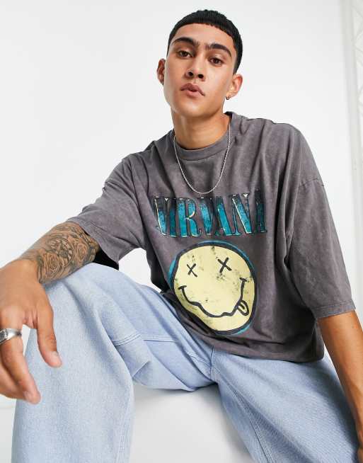 ASOS DESIGN - Oversized T-shirt i vasket grå med Nirvana-print, 4 af 4