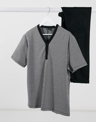 ASOS DESIGN oversized t-shirt in all over dogtooth jersey jacquard and Y button neck (21364305)