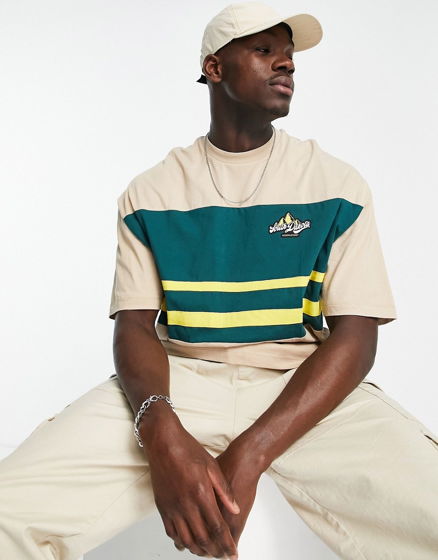 ASOS DESIGN oversized T-shirt in beige and green color block with mountain print-Neutral