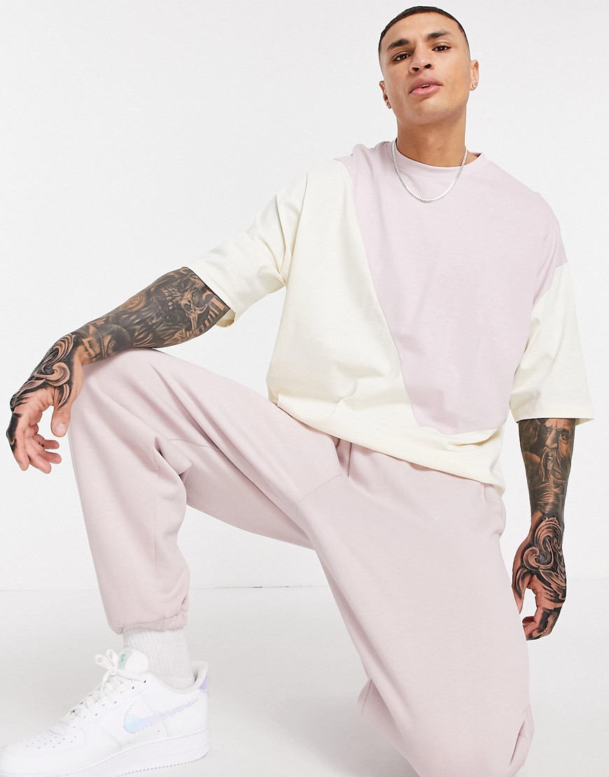 ASOS DESIGN oversized t-shirt in beige and pink color block-Neutral