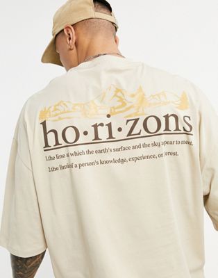 ASOS DESIGN – Oversized T-Shirt in Beige aus Bio-Baumwolle mit „Horizons“-Rückenprint-Neutral