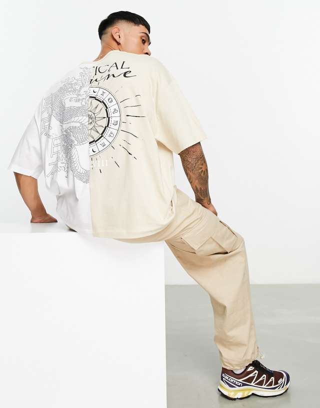 ASOS DESIGN oversized t-shirt in beige color block with celestial back print