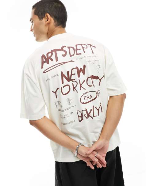 ASOS DESIGN - Oversized T-shirt in beige met abstracte kunstprint op de rug - view 1