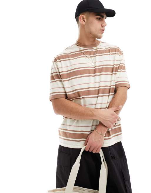 ASOS DESIGN - Oversized T-shirt in beige met roze strepen