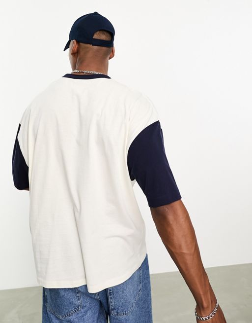 ASOS DESIGN oversized baseball t-shirt in navy color block with