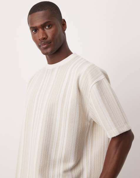 ASOS DESIGN oversized T-shirt in beige textured vertical stripe - part of a set - view 1
