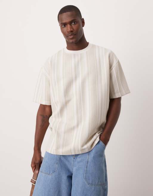 ASOS DESIGN oversized T-shirt in beige textured vertical stripe - part of a set