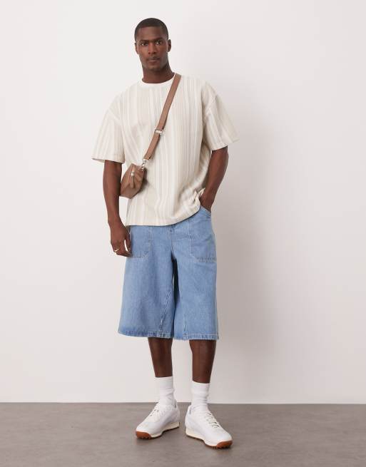 ASOS DESIGN oversized T-shirt in beige textured vertical stripe - part of a set