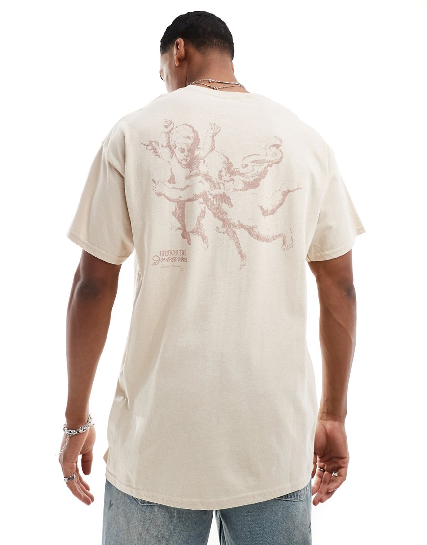 ASOS DESIGN oversized t-shirt in beige with cherub back print-Neutral
