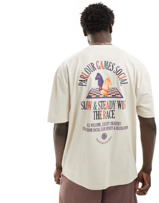ASOS DESIGN oversized t-shirt in beige with chess back print, 2 of 4