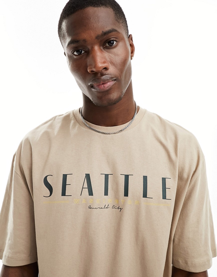 ASOS DESIGN oversized t-shirt in beige with chest Seattle print-Neutral