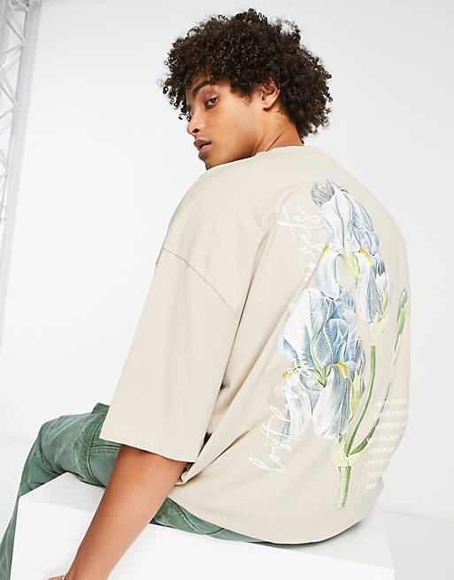 ASOS DESIGN oversized T-shirt in beige with floral text print | ASOS