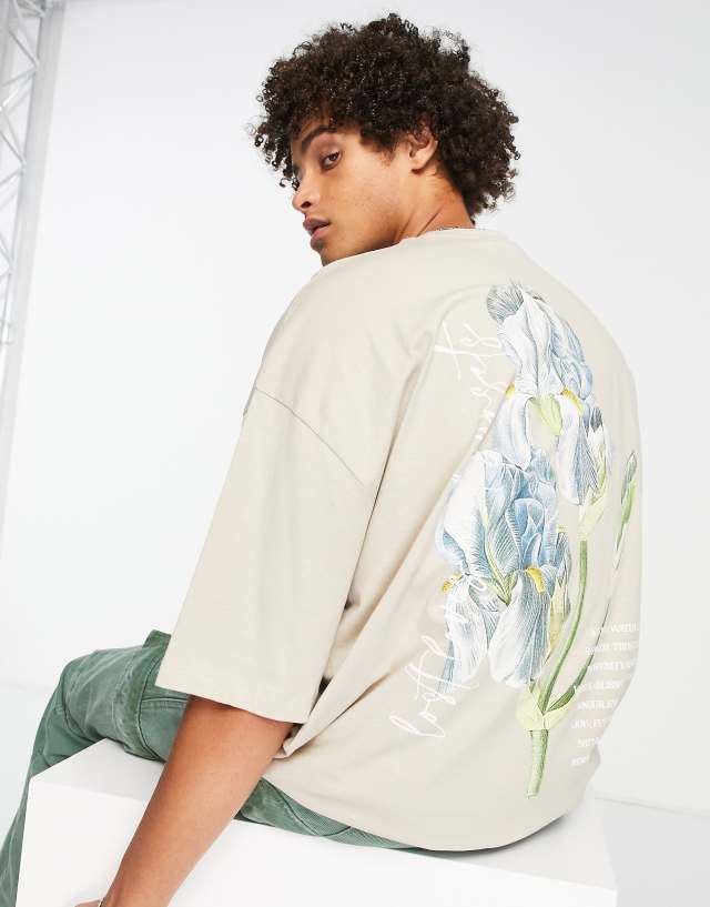 ASOS DESIGN oversized T-shirt in beige with floral text print