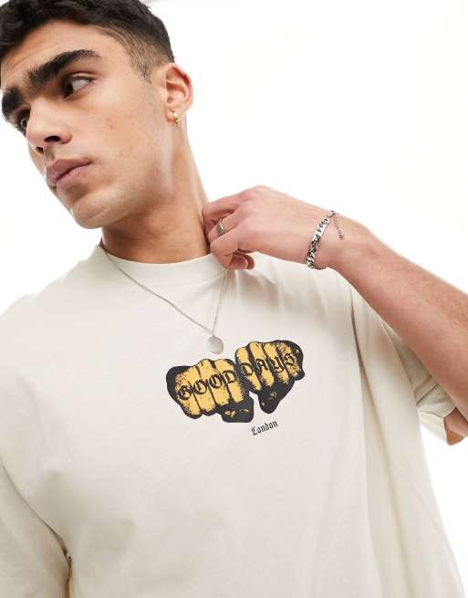 ASOS DESIGN oversized t-shirt in beige with knuckle chest print | ASOS