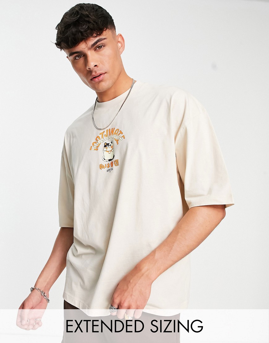 ASOS DESIGN oversized t-shirt in beige with lucky cat chest print-Neutral