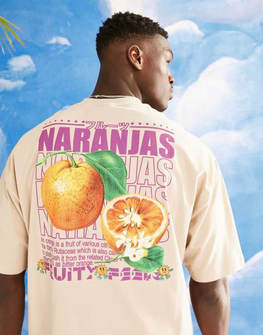 ASOS DESIGN oversized t-shirt in beige with photographic fruit & text back  print