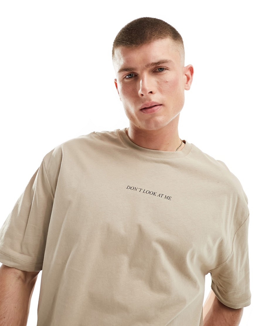 ASOS DESIGN oversized t-shirt in beige with slogan chest print-Neutral