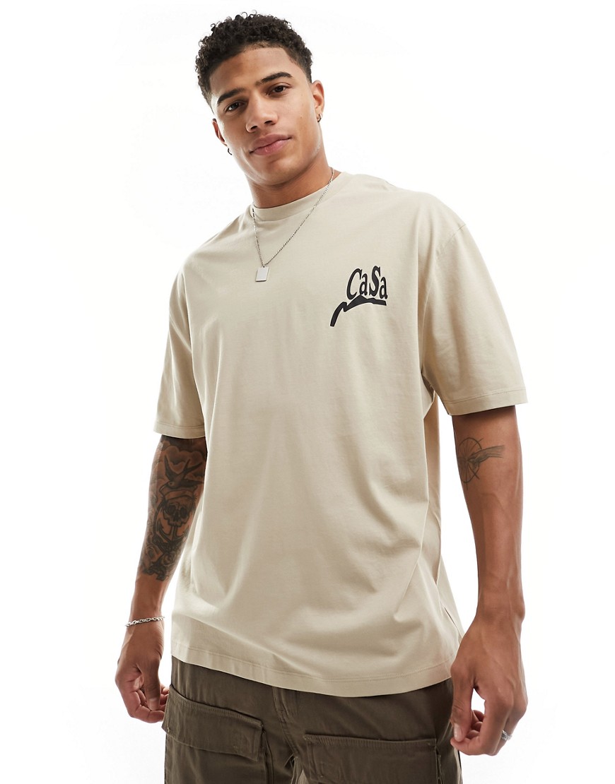 ASOS DESIGN oversized t-shirt in beige with text chest print-Neutral