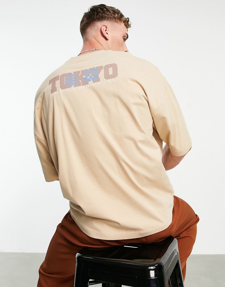 ASOS DESIGN oversized t-shirt in beige with Tokyo city back print-Neutral