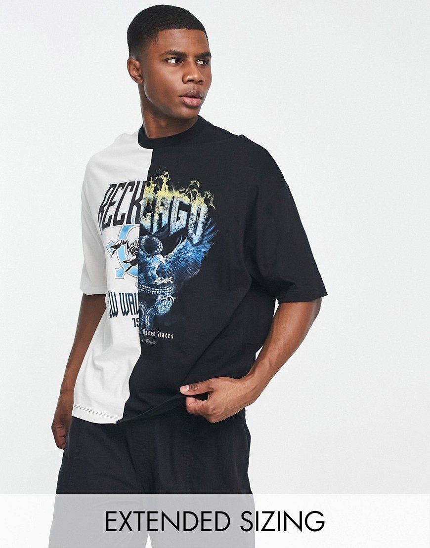 ASOS DESIGN oversized T-shirt in black and white color block with spliced prints