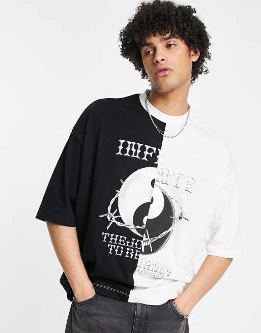 ASOS DESIGN oversized t-shirt in black and white colour-block with front print