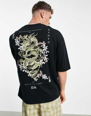 ASOS DESIGN oversized t-shirt in black cotton blend with dragon back ...