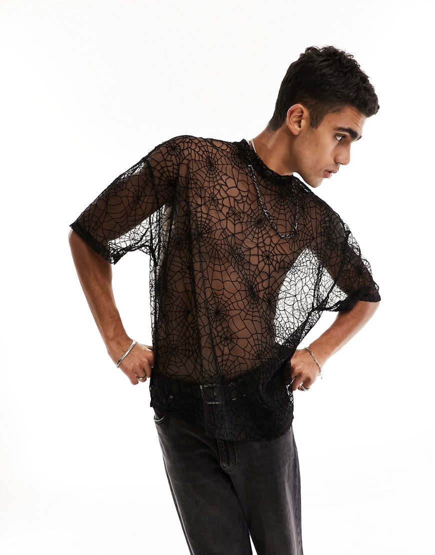 ASOS DESIGN oversized t-shirt in black mesh with spider web flocking
