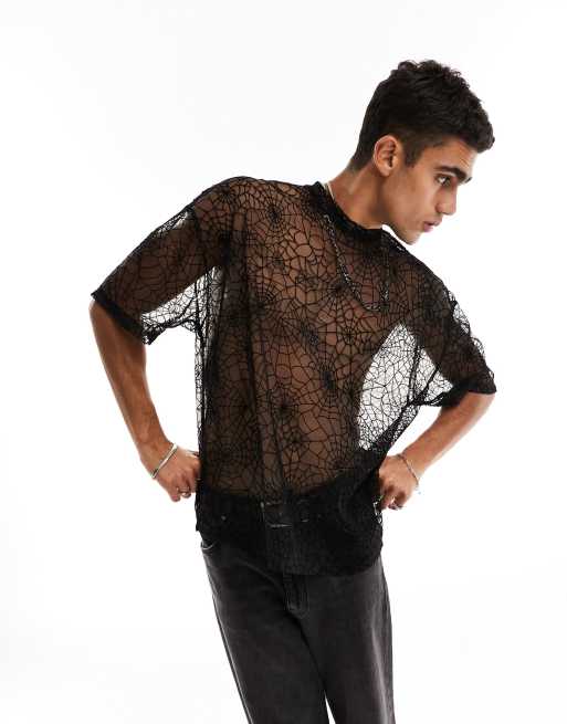 COLLUSION Unisex fishnet mesh long sleeve t-shirt in black