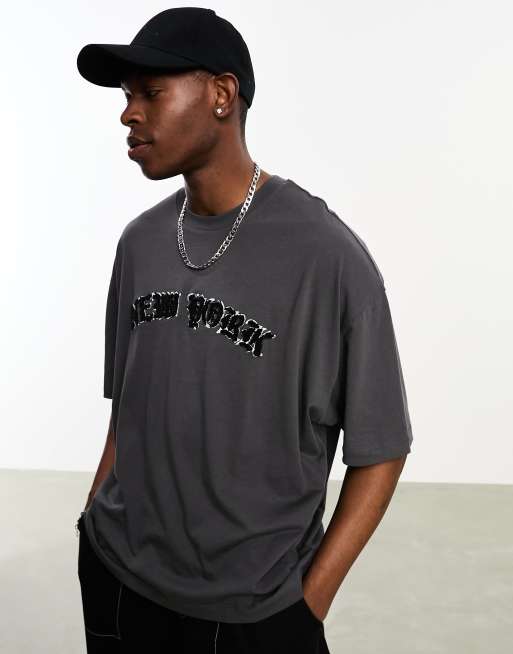 ASOS DESIGN oversized t-shirt in black with boucle New York badge